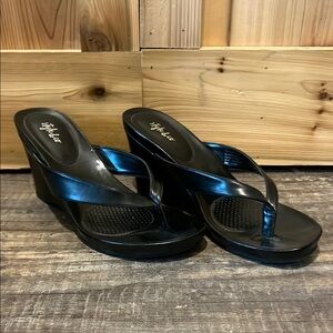 Style & Co. Black Patent Wedge Thong Sandals